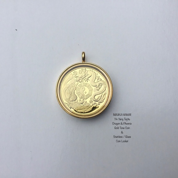 Yin Yang Taijitu Gold Tone Coin + Glass Stainless Locket + 60cm Stainless Chain - Picture 7 of 11